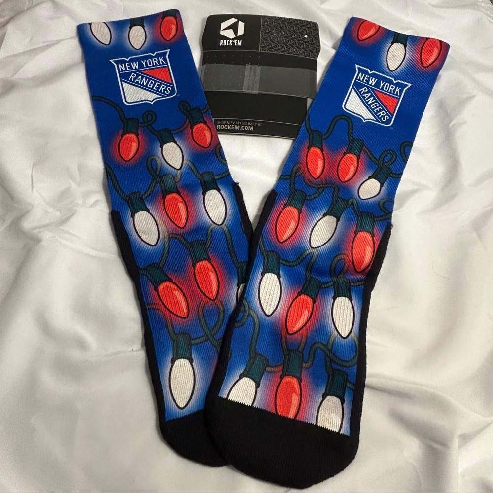 New York Rangers NHL novelty socks ROCK EM Holiday lights graphic socks L to XL